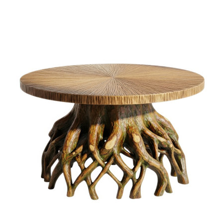 A distinctive coffee table with a circular wooden top supported by a detailed base resembling tree roots, presented isolated on a white background.の素材