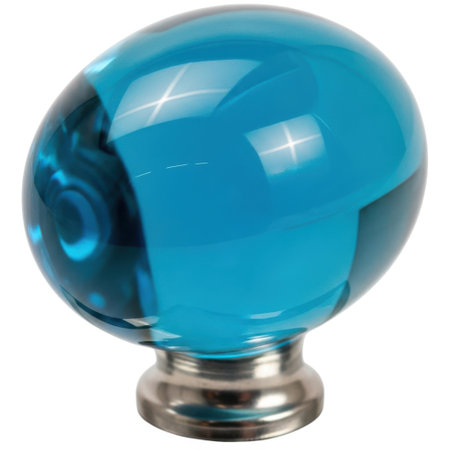 A shiny, turquoise glass sphere with a brushed metal base is presented clearly on a plain white background.の素材
