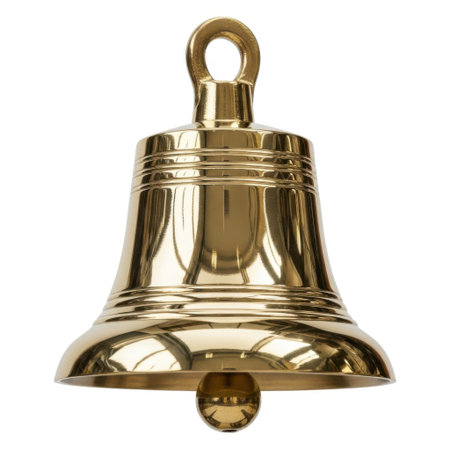 A gleaming brass maritime bell, designed for signaling, is presented clearly isolated on a pure white background.の素材