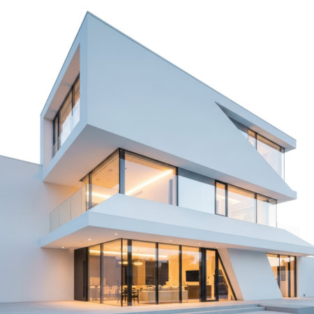 A striking contemporary dwelling featuring bold geometric forms and expansive glass windows, presented isolated on a clean white background.の素材