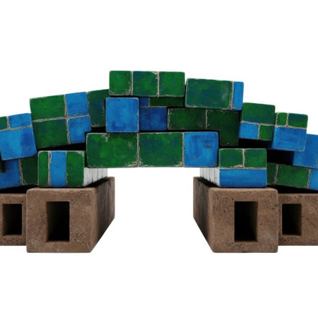A collection of blue and green cubes is artfully stacked and supported by brown rectangular bases, all presented on a clean white background.の素材