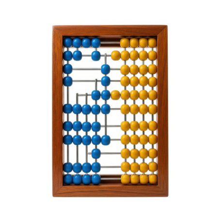 A classic wooden abacus with rows of blue and yellow beads is presented isolated on a clean white background.の素材