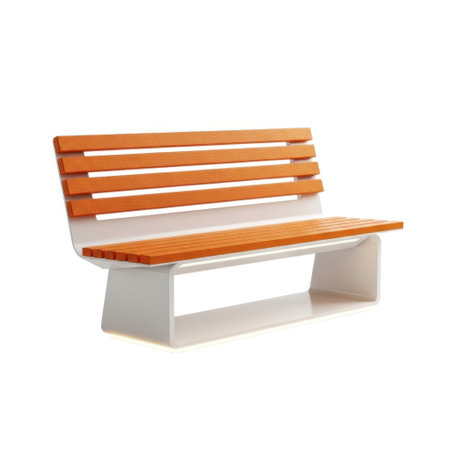 A contemporary wooden slatted seating structure with a sturdy white base, presented isolated on a pure white background.の素材