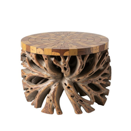 A distinctive round coffee table crafted from natural wood roots, showcasing a textured top, presented isolated on a white background.の素材