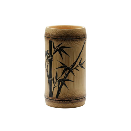 A close-up view of a light brown cylindrical bamboo holder, artfully decorated with delicate painted bamboo stalks, leaves, and branches. Its natural texture is highlighted.の素材