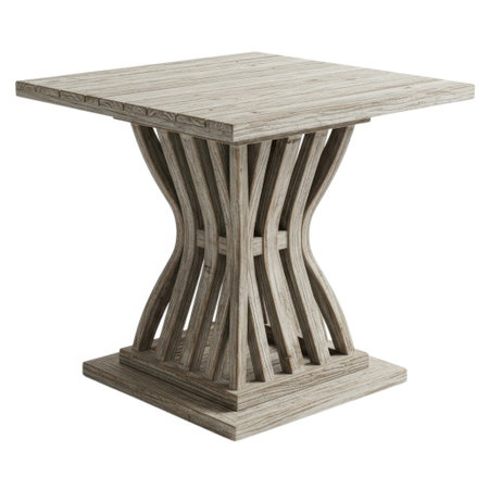 A striking square-topped table with a uniquely carved wooden pedestal base, presented isolated on a clean white background.の素材