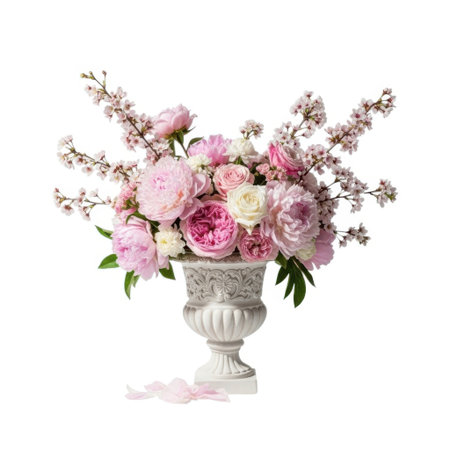 A lush and romantic floral arrangement featuring soft pink and cream roses, voluminous peonies, and airy white blossoms, artfully displayed in a decorative, classical urn. Perfect for events and decor.の素材