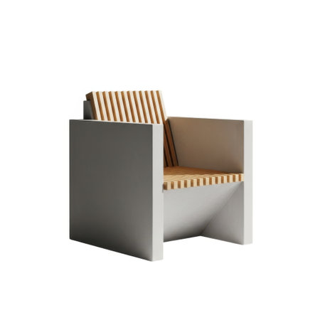 A contemporary armchair featuring a unique geometric structure and eye-catching striped fabric, presented isolated on a clean white background.の素材