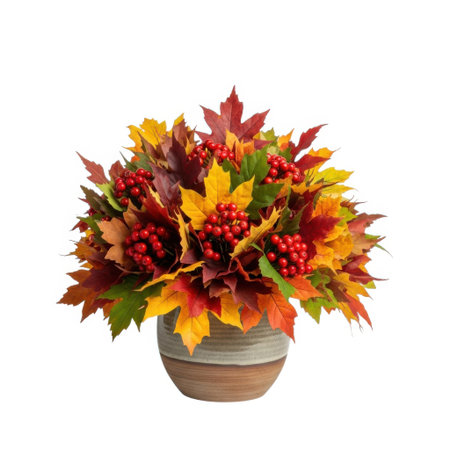 A beautiful artificial arrangement of colorful autumn leaves and red berries in a woven pot, perfect for adding a festive touch to any seasonal decor.の素材
