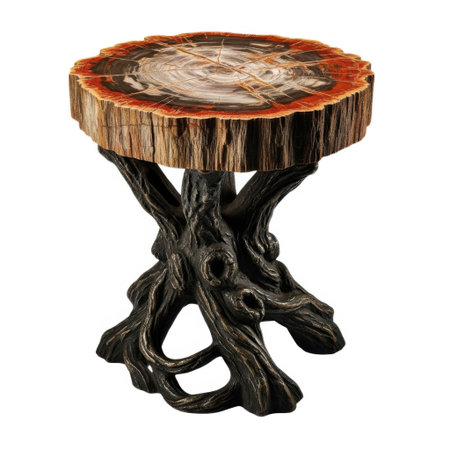 A stunning petrified wood slice forms the tabletop of this unique accent table, supported by a detailed, gnarled root-like base, all presented isolated on a white background.の素材
