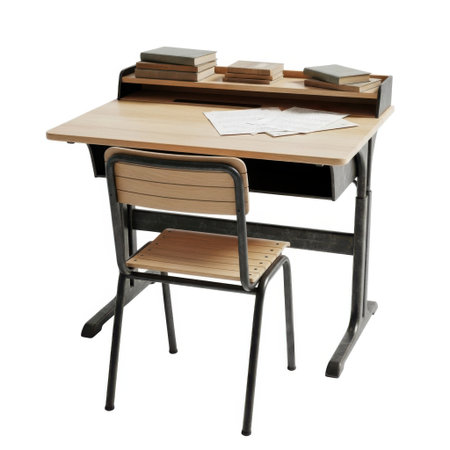 A classic wooden school desk with a matching chair, featuring books and papers, presented isolated on a white background.の素材