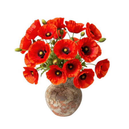A stunning bouquet of bright red poppies displayed in a rustic, textured vase. This image captures the delicate beauty and vivid color of these iconic flowers.の素材