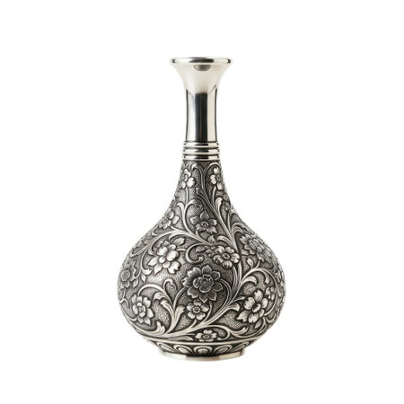 A close-up studio shot showcases a beautifully detailed vintage silver bottle. Its bulbous body features elaborate floral embossing complemented by delicate metallic highlights, evoking classic elegance and craftsmanship.の素材