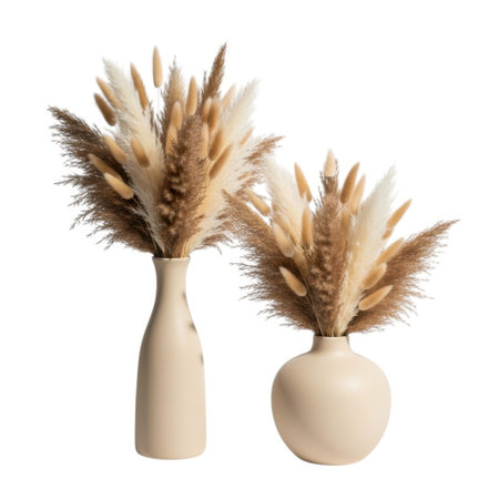 A charming arrangement of dried pampas grass in two minimalist vases. Perfect for adding a touch of bohemian or modern farmhouse style to any interior space.の素材