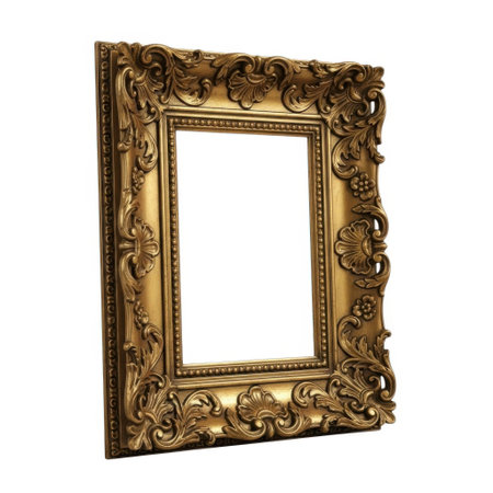 A detailed antique gold ornate picture frame stands empty, showcasing intricate carvings and scrollwork. This decorative frame is perfect for showcasing art, photos, or as a mockup element.の素材