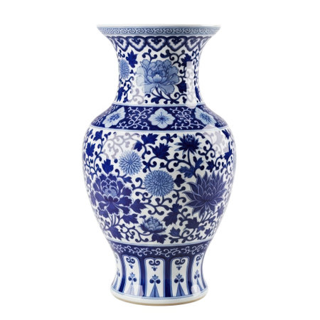 A stunning blue and white porcelain vase showcasing detailed floral motifs and traditional decorative bands. This elegant ceramic piece brings a touch of classic artistry to any home decor setting.の素材