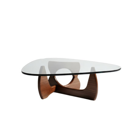 A stylish mid century modern coffee table featuring a clear glass top and a distinctive curved wooden pedestal base, presented isolated on a white background.の素材