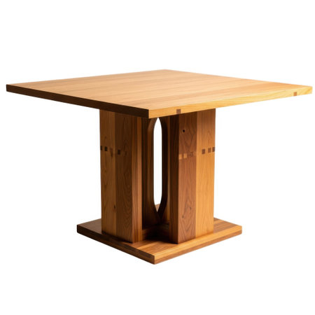 This image showcases a contemporary wooden square dining table featuring a striking pedestal base, presented isolated on a clean white background.の素材