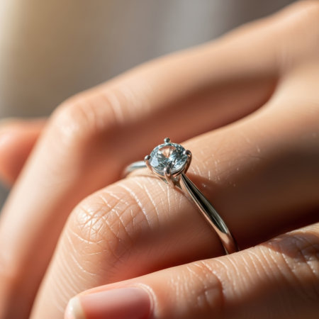 A stunning close-up view captures the brilliance of a diamond engagement ring worn on a woman's hand. The precious gemstone sparkles elegantly, symbolizing love and commitment.の素材