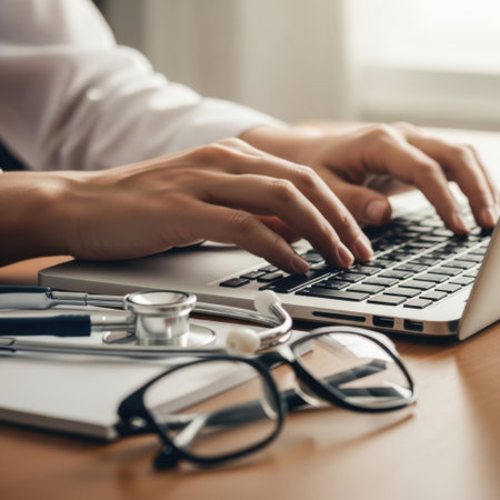 Close-up of a medical professional's hands typing on a laptop computer, with a stethoscope and glasses on the desk, symbolizing modern healthcare and technology.の素材