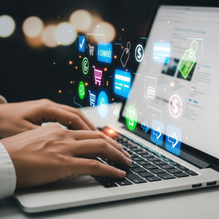 Close-up of hands actively typing on a modern laptop, with a vibrant stream of digital data and application icons flowing outwards, symbolizing connectivity and digital interaction.の素材