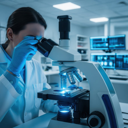 A focused scientist in a sterile laboratory setting peers through a microscope. Advanced technology and equipment are visible, suggesting groundbreaking scientific research and medical discovery.の素材