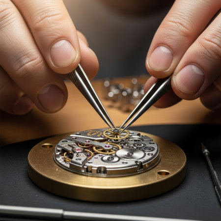 Close-up view of a watchmaker's hands using tweezers to carefully place tiny components into a complex watch movement, showcasing detailed craftsmanship and precision.の素材