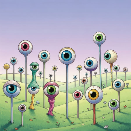 A surreal and whimsical landscape populated by numerous eyeball-like objects on stalks. The bizarre flora features eyes of various colors and sizes, creating a dreamlike and slightly unnerving scene with a soft, atmospheric background.の素材