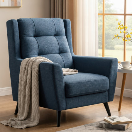 Experience ultimate relaxation in this stylish blue upholstered wingback accent chair. Featuring deep tufting and a cozy throw blanket, it's perfect for reading or lounging.の素材
