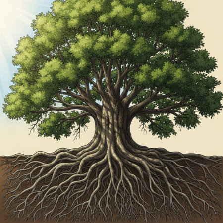 A detailed depiction of a large, mature tree showcasing its lush green canopy and the extensive, complex network of its exposed roots anchoring it firmly in the earth.の素材