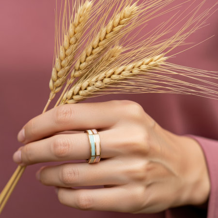 A close-up shot of a hand gently holding golden wheat stalks. An exquisite ring adorns the finger, symbolizing nature's bounty and refined elegance, perfect for organic themes.の素材