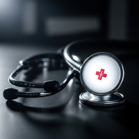 A detailed view of a stethoscope, a fundamental medical instrument, with a prominent red cross symbol reflecting on its diaphragm, symbolizing healthcare and aid.の素材