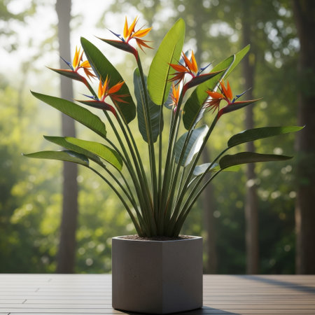 A striking Bird of Paradise plant with bright orange and blue flowers and lush green leaves, showcased in a contemporary grey pot on a wooden surface. Natural light streams from behind, creating a serene ambiance.の素材