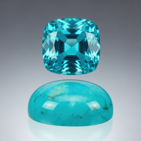 A stunning display of two vibrant teal blue gemstones. One features a precise cushion cut, showcasing its facets, while the other is a smooth cabochon.の素材