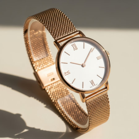 Showcasing a sophisticated rose gold mesh band watch featuring a clean white dial with Roman numerals. This timepiece exudes modern elegance and timeless style, perfect for any occasion.の素材
