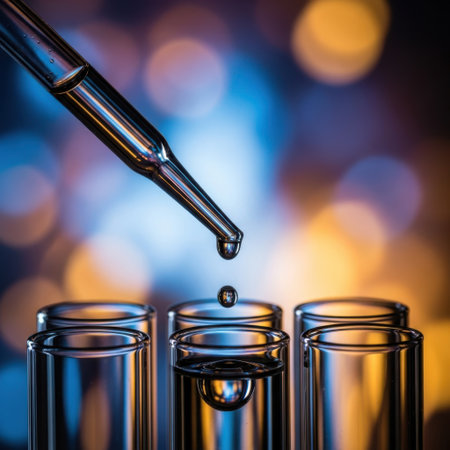 A detailed shot captures a liquid droplet falling from a laboratory pipette into three clear test tubes, set against a vibrant, blurred bokeh background, suggesting a scientific or research setting.の素材