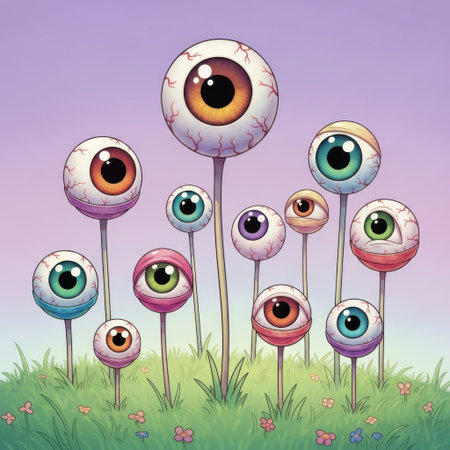 A playful and slightly spooky collection of various sized eyeballs on stems, arranged in a grassy meadow with a soft purple sky. Perfect for Halloween or quirky decor.の素材
