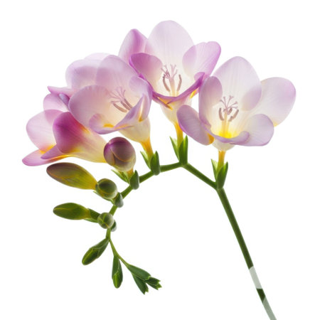 A delicate cluster of pink and white freesia blossoms with green buds and leaves, artistically arranged and isolated against a pure white backdrop for versatile use.の素材
