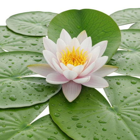 A beautiful white water lily with a yellow center rests gracefully on a bed of lush green lily pads, showcasing nature's exquisite floral artistry. Perfect for serene, natural, and botanical themes.の素材