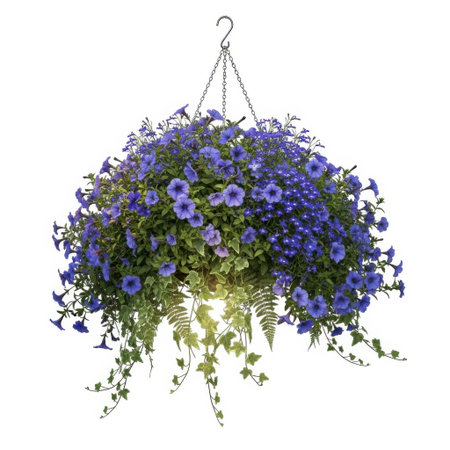 A lush, overflowing hanging basket filled with vibrant purple flowers and green foliage, suspended elegantly against a clean, isolated backdrop. This image captures the essence of natural beauty.の素材