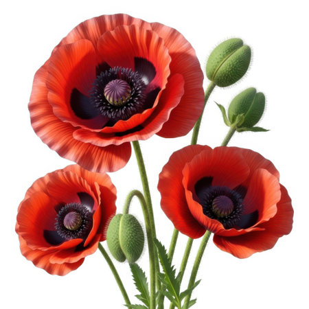 A striking arrangement of bright red poppies, featuring their delicate petals and dark centers, alongside unopened buds, presented cleanly on an isolated white backdrop for versatility.の素材