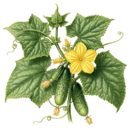 A vibrant illustration of a cucumber plant showcases its lush green leaves, delicate yellow flower, and developing fruits, presented in a clear, isolated view.の素材
