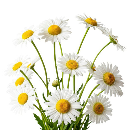 A close-up studio shot of a vibrant bouquet of white daisies with yellow centers, artfully arranged against a clean backdrop. Perfect for highlighting nature's simple beauty and floral arrangements.の素材