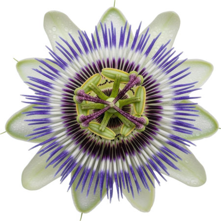 A single, intricately detailed passionflower specimen is showcased in a studio setting. Its vibrant purple and green hues stand out against a clean, isolated backdrop, emphasizing its natural beauty and complex structure. This image is perfect for botanical studies, design elements, or nature-themed projects.の素材