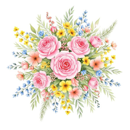 A beautiful and vibrant floral bouquet, featuring pink roses and delicate wildflowers, arranged artistically for decoration. A celebration of nature's beauty, perfect for any setting.の素材