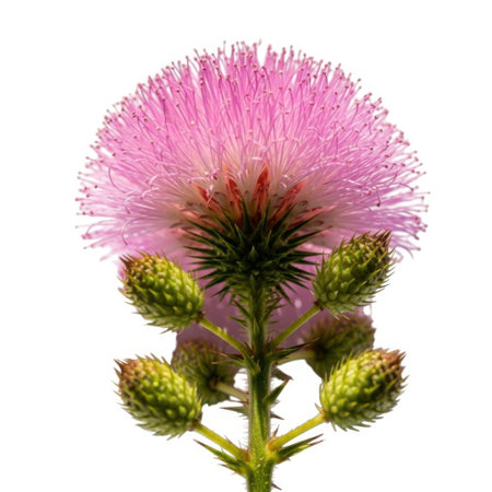 Close-up view of a vibrant pink thistle flower budding with surrounding green buds, showcasing intricate details of its natural form and texture against a clean backdrop.の素材