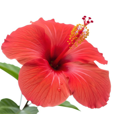 A vibrant red hibiscus flower is captured in close-up, showcasing its intricate details and natural beauty. The bloom is presented isolated, highlighting its form and color against a clean backdrop.の素材