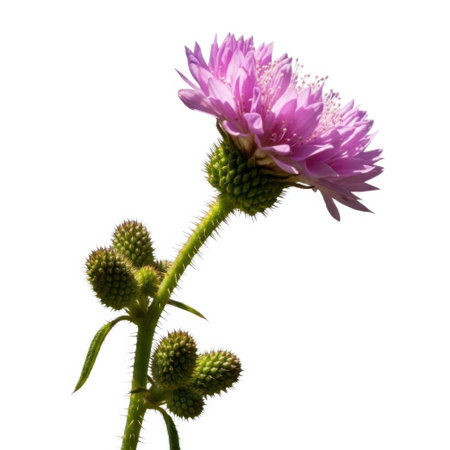 A close-up, isolated view of a vibrant purple thistle flower with unopened buds and spiky green leaves, showcasing its delicate beauty and natural form against a pure white backdrop.の素材