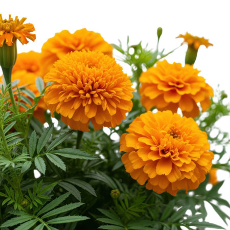 Close-up view of vibrant orange marigold flowers with detailed petals and green foliage, set against a clean, bright backdrop, highlighting their natural beauty and texture.の素材