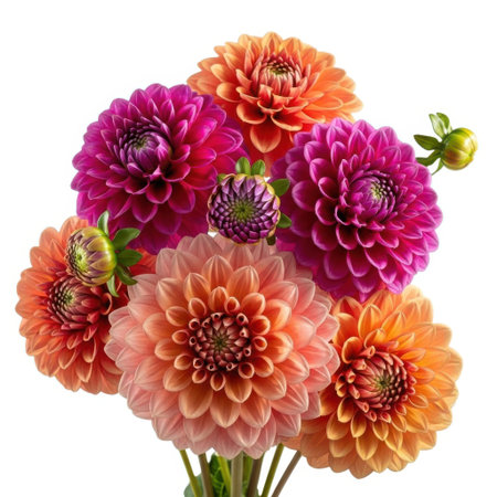 A vibrant bouquet of dahlia flowers in various shades of pink, orange, and purple, showcasing their intricate petal formations and natural beauty. Perfect for floral designs and botanical inspiration.の素材
